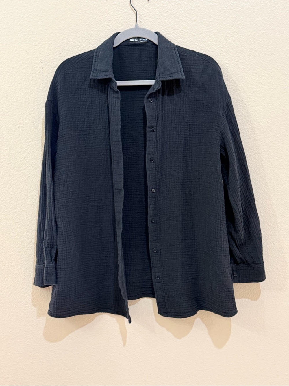 SHEIN Black 100% Cotton Crinkle Gauze Long Sleeve Button Down Shirt Size XS